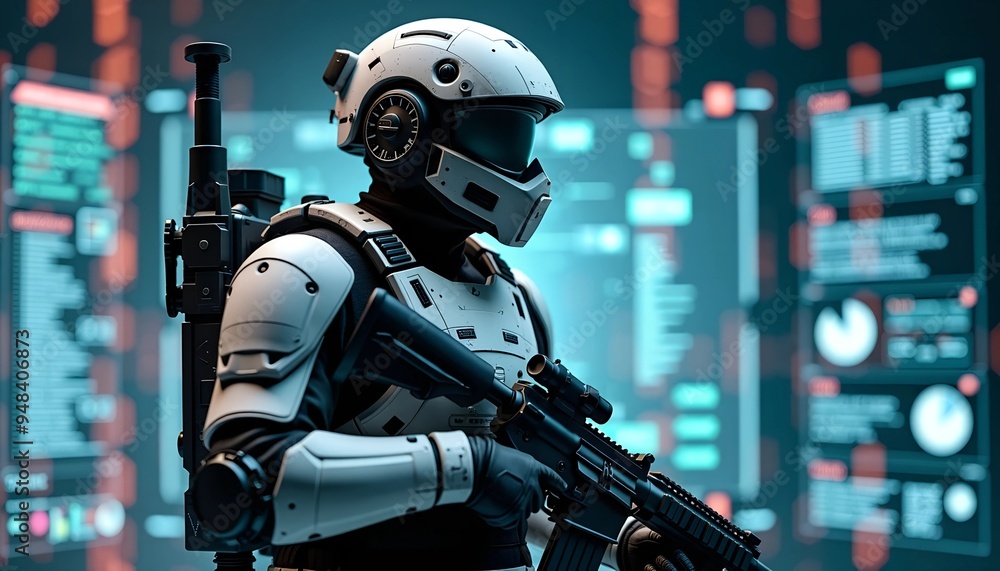 Futuristic Soldier in Combat Gear - Virtual Interface and Digital Data Streams in High-Tech Warfare Futuristic Soldier in Combat Gear - Virtual Interface and Digital Data Streams in High-Tech Warfare