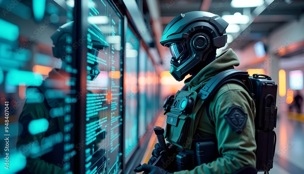 Futuristic Soldier in Combat Gear - Virtual Interface and Digital Data Streams in High-Tech Warfare Futuristic Soldier in Combat Gear - Virtual Interface and Digital Data Streams in High-Tech Warfare