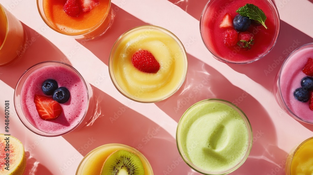 Naklejka premium Clear glasses filled with vibrant fruit smoothies showcase a variety of flavors, garnished with fresh berries and mint, perfect for a summer day