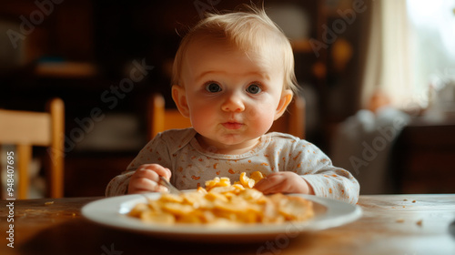 Happy infant baby eats itself