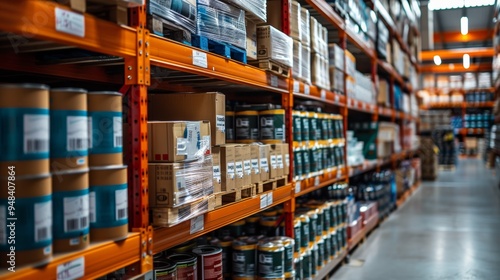 Organized warehouse filled with paint cans, boxes, and supplies on shelves under bright lighting during daytime