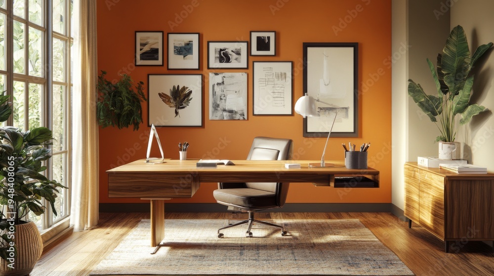 stylish home office with a large wooden desk stylish home office with a large wooden desk