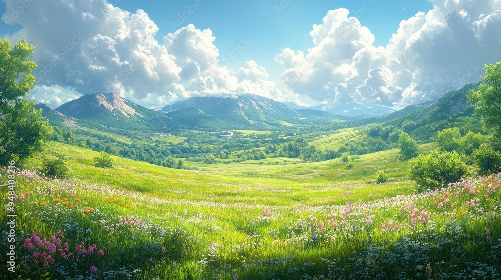 Obraz premium Sunny meadow with gentle hills and soft clouds
