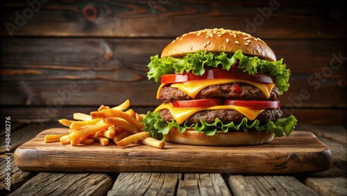 Customizable layered PSD template of a mouthwatering burger and fries on a rustic wooden table, perfect for food advertising and promotional materials. photo