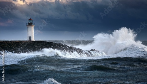 Stormy ocean with crashing waves and a lighthouse.