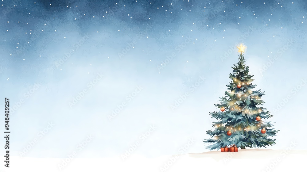 A serene watercolor night scene of an evergreen tree lit up with Christmas lights and ornaments, set against a star-filled sky A serene watercolor night scene of an evergreen tree lit up with Christmas lights and ornaments, set against a star-filled sky