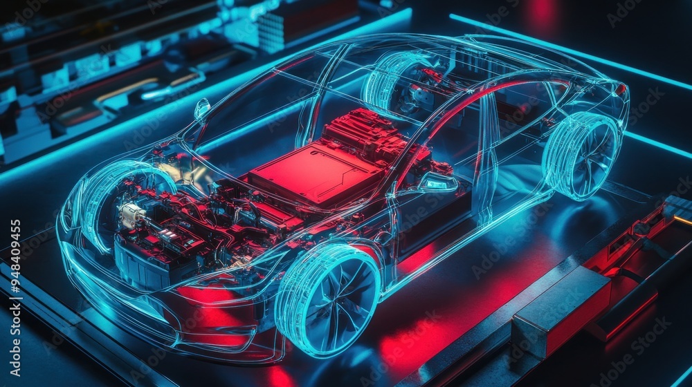 Electric Car with Transparent Chassis in Blue and Red Neon Light Electric Car with Transparent Chassis in Blue and Red Neon Light