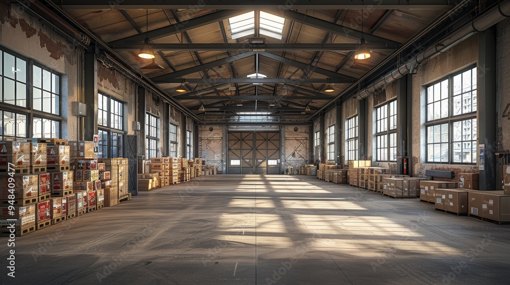 Spacious industrial warehouse filled with stacked crates and organized storage areas during daylight hours Spacious industrial warehouse filled with stacked crates and organized storage areas during daylight hours