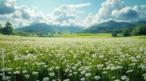 Sunny meadow with gentle hills and soft clouds