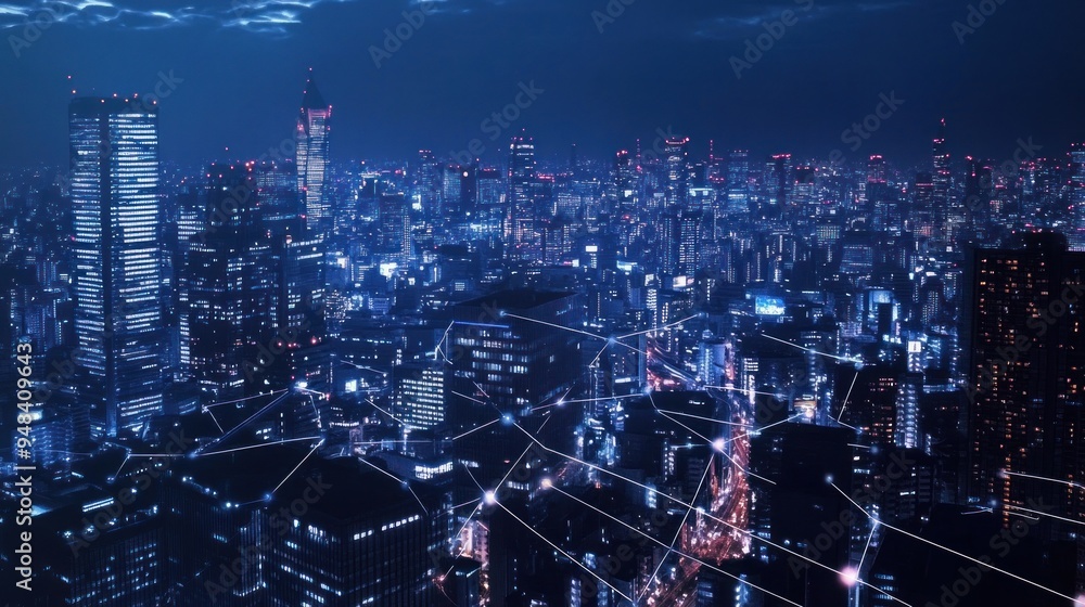 Night Cityscape with Network Connections Night Cityscape with Network Connections
