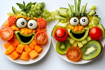 A photo of different fruits and vegetables foods in plates Creative food for children