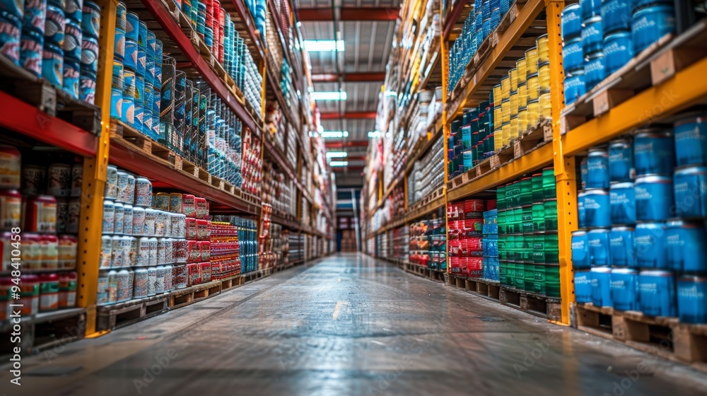 Aisle in a large warehouse displaying an organized array of colorful canned goods and packaged items during daylight hours Aisle in a large warehouse displaying an organized array of colorful canned goods and packaged items during daylight hours