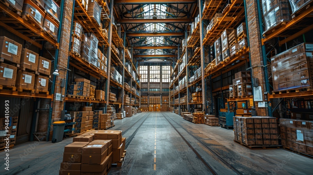 Fototapeta premium Spacious industrial warehouse interior with organized shelving and natural light filtering through the roof