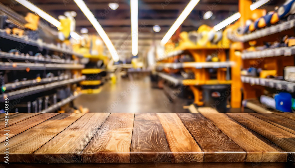 Wood table in warehouse storage blur background with empty copy space on the table for product display mockup. Hardware goods distribution and industrial logistics concept Wood table in warehouse storage blur background with empty copy space on the table for product display mockup. Hardware goods distribution and industrial logistics concept