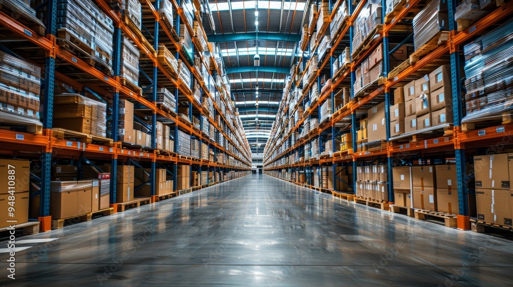 A wide view of a modern warehouse filled with neatly stacked boxes during daylight hours, showcasing an organized storage system A wide view of a modern warehouse filled with neatly stacked boxes during daylight hours, showcasing an organized storage system