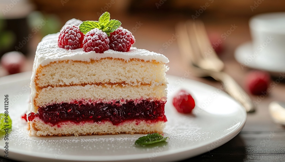 A simple, light and soft layered cake with raspberry jam in the center, on an isolated background A simple, light and soft layered cake with raspberry jam in the center, on an isolated background
