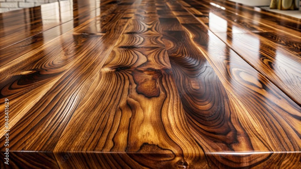 Dark walnut wood plank surface with high-gloss finish, displaying subtle grain patterns and rich brown tones, evoking warmth and sophistication in a luxurious setting. Dark walnut wood plank surface with high-gloss finish, displaying subtle grain patterns and rich brown tones, evoking warmth and sophistication in a luxurious setting.