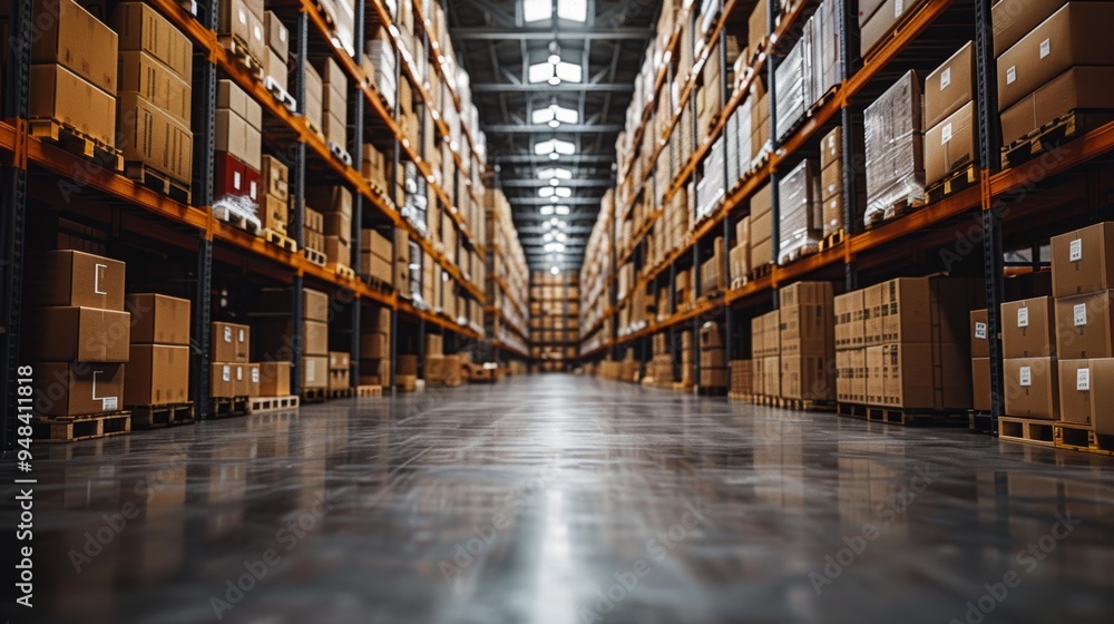 A large warehouse filled with neatly stacked boxes on shelves, showcasing an organized storage environment