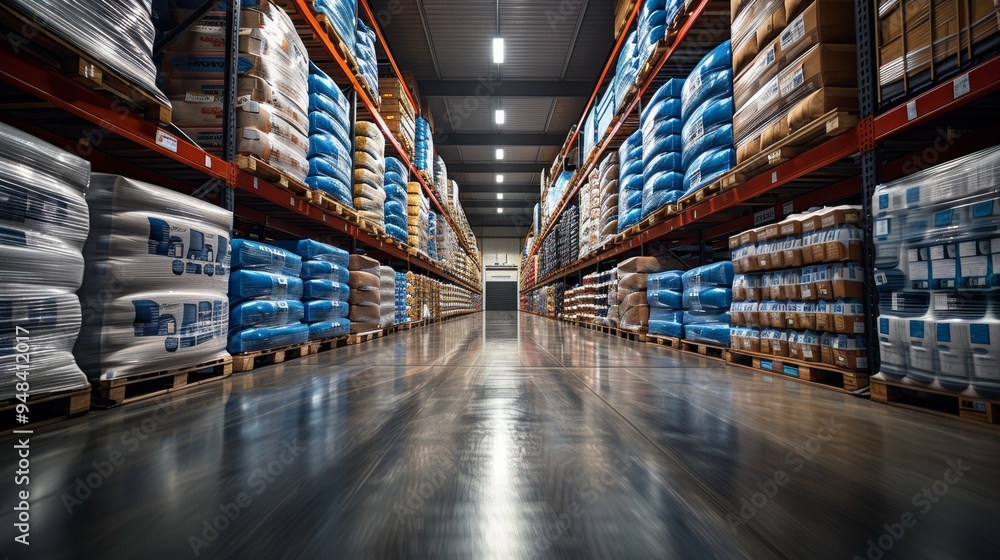 Spacious warehouse aisles filled with stacked pallets of goods, illuminated by overhead lights during business hours Spacious warehouse aisles filled with stacked pallets of goods, illuminated by overhead lights during business hours