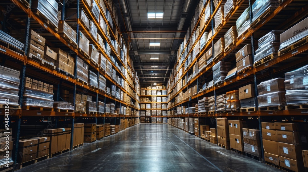 Fototapeta premium Large industrial warehouse filled with neatly stacked cardboard boxes during daylight hours