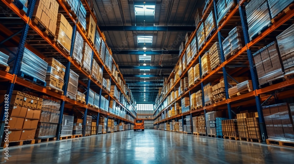 A spacious warehouse interior with stacked boxes and pallets under bright overhead lighting during the day A spacious warehouse interior with stacked boxes and pallets under bright overhead lighting during the day