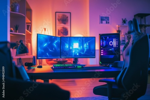 KL, MALAYSIA - August 28th, 2020: An HTPC (Hackintosh PC) & Gaming PC system with liquid cooling setup and full RGB lighting photo