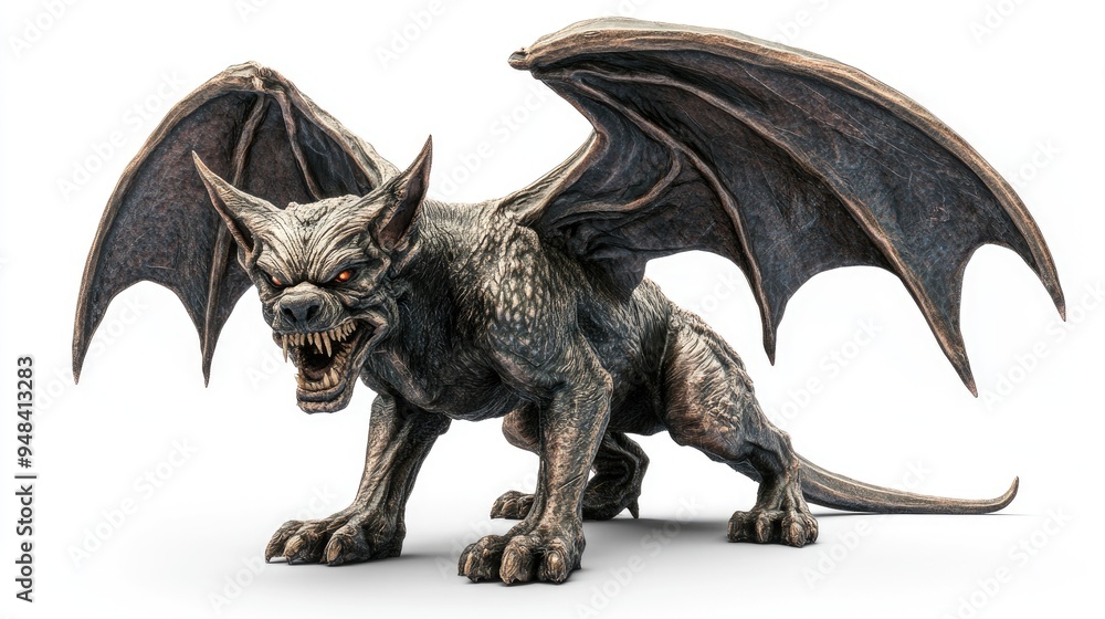 Fototapeta premium 3D illustration of a fantastical gargoyle hound set against a white backdrop