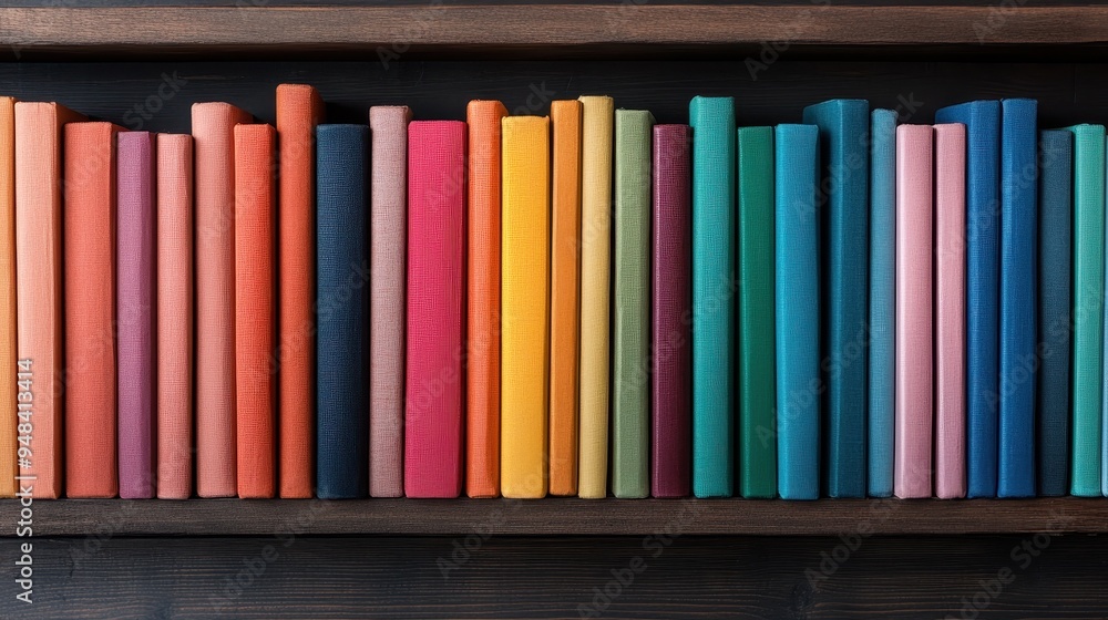 Naklejka premium A vibrant collection of colorful books lined up neatly on a dark wooden bookshelf, creating a visually appealing and cheerful display of literature and order.