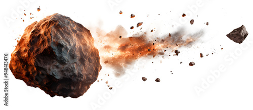 A fiery asteroid hurtles through space, leaving a trail of smoke and debris. photo