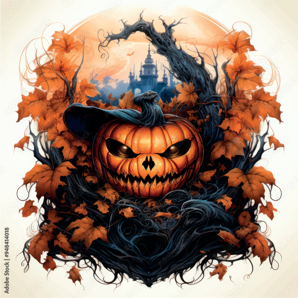 Pumpkin lamp illustration Jack concept art, skulls, dark castle, Halloween holiday banner for print on poster, t-shirt, fabric, paper. Horrible scary pumpkin art for Halloween sticker, art, tattoo. Pumpkin lamp illustration Jack concept art, skulls, dark castle, Halloween holiday banner for print on poster, t-shirt, fabric, paper. Horrible scary pumpkin art for Halloween sticker, art, tattoo.