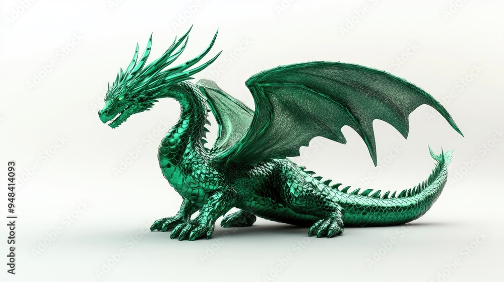 Obraz premium 3D illustration of an emerald fantasy dragon set against a white backdrop