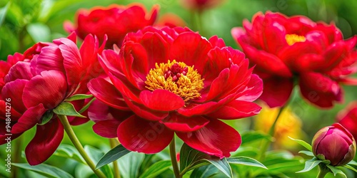 Delicate, showy Paeonia officinalis Red Charm peony blooms in the garden, showcasing vibrant red petals, lush green foliage, and intricate, delicate stamens in a stunning macro view.