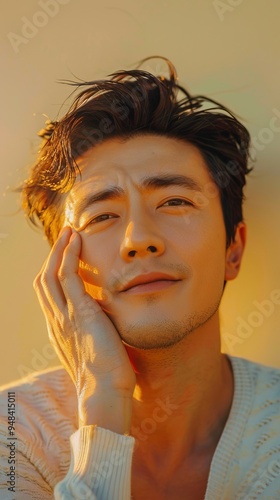 Wallpaper Mural Serene Asian Man Portraiture on Pale Yellow Background with Gentle Hand Touching Face in Sunlight Torontodigital.ca
