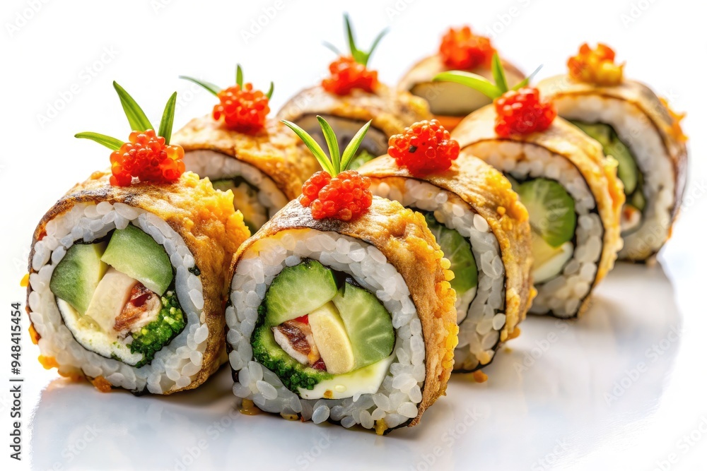 Delicious assortment of tempura rolls filled with grilled eel, crunchy tobiko, and refreshing cucumber slices, artfully arranged on a clean white background. Delicious assortment of tempura rolls filled with grilled eel, crunchy tobiko, and refreshing cucumber slices, artfully arranged on a clean white background.