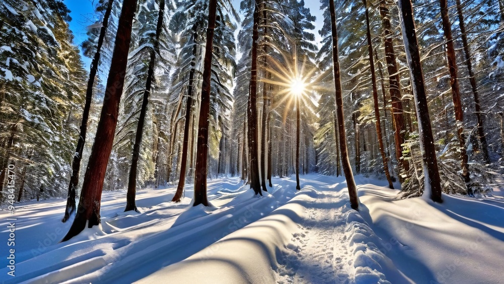 Naklejka premium Snowy Forest Path with Long Shadows