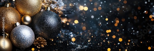 Glittering Christmas background with gold and silver baubles on a dark background  photo