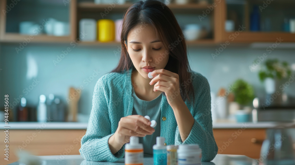 Asian woman taking her medicine while sitting at her kitchen table, focusing on her health, Asian woman taking her medicine while sitting at her kitchen table, focusing on her health,