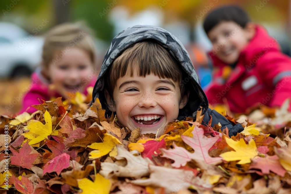 Happy children playing in a pile of colorful autumn leaves, enjoying outdoor fall activities. Happy children playing in a pile of colorful autumn leaves, enjoying outdoor fall activities.