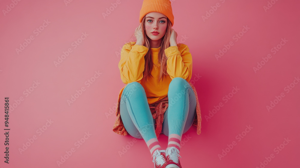 Beautiful and cheerful girl in trendy clothes, wearing long socks, isolated on a solid color Beautiful and cheerful girl in trendy clothes, wearing long socks, isolated on a solid color