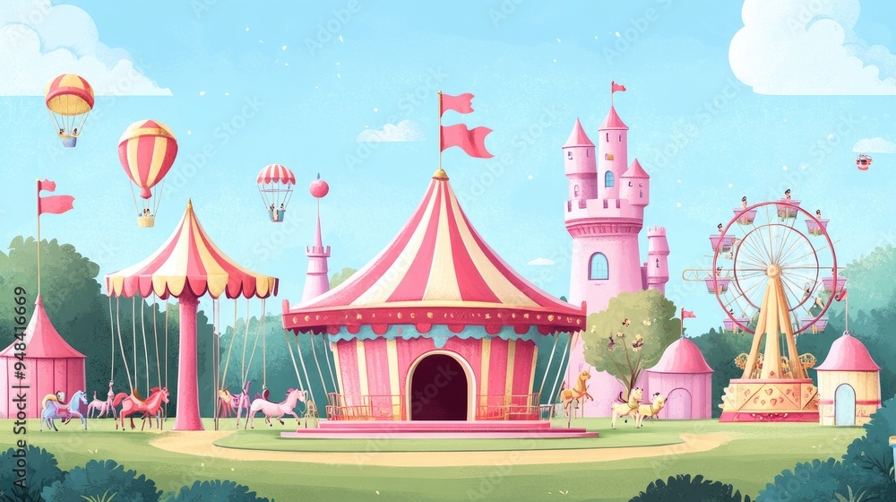 2D cartoon illustration of a whimsical amusement park featuring a circus tent a pink fantasy castle a carousel with toy horses and an archery attraction under a vibrant blue sky perfect for family