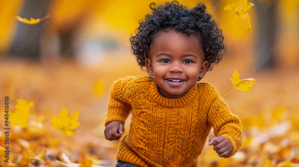 A little black boy in orange sweater running in a fall park on a gold autumn day. Vibrant colors making heartwarming scene. Childhood joy and fall season concept. A little black boy in orange sweater running in a fall park on a gold autumn day. Vibrant colors making heartwarming scene. Childhood joy and fall season concept.