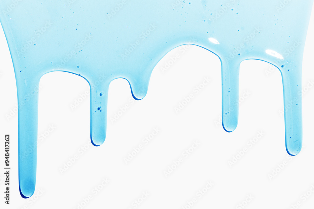 Flowing transparent blue liquid on a light background. Cosmetics, shampoo, serum, snail slime. Flowing transparent blue liquid on a light background. Cosmetics, shampoo, serum, snail slime.