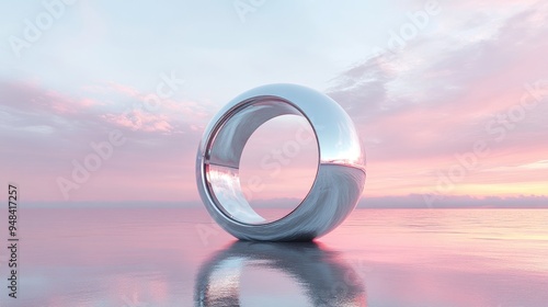 3D render of an abstract minimalist background featuring a futuristic landscape with a serene seascape polished chrome ring and silver ball beneath a soft gradient sky Fantasy panoramic image