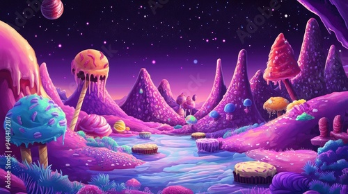 2D cartoon illustration of a whimsical candy fantasy planet featuring a magical neon backdrop cosmic scenery and playful elements like ice cream and lollipop plants amidst biscuit mushrooms and cho photo