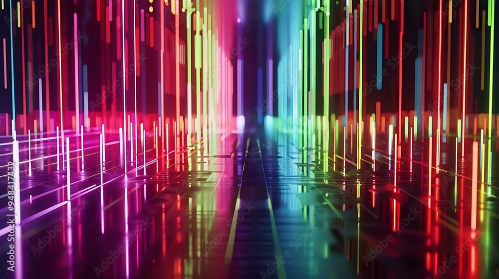 A digital artwork showcasing frequency signal waves, with sharp, crisp lines in varying amplitudes, represented in neon colors, creating a futuristic and high-tech atmosphere A digital artwork showcasing frequency signal waves, with sharp, crisp lines in varying amplitudes, represented in neon colors, creating a futuristic and high-tech atmosphere
