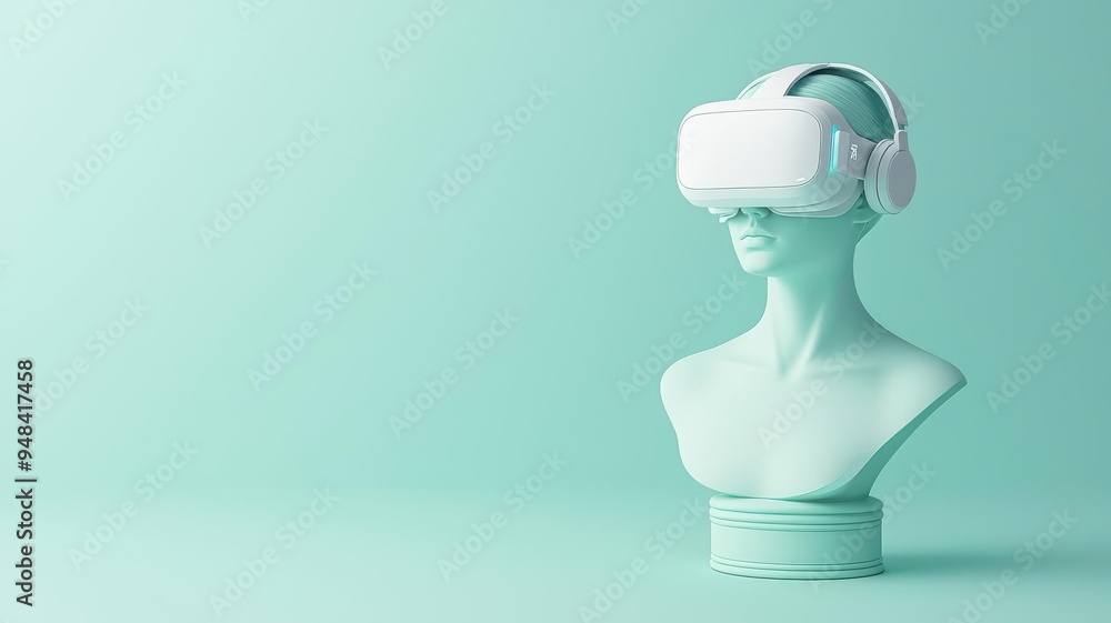 Classical bust in pastel greens, modernized with tech accessories, blending the old with the new Classical bust in pastel greens, modernized with tech accessories, blending the old with the new