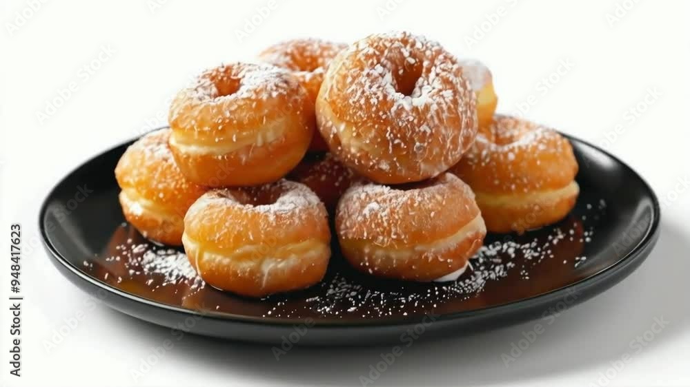 A plate of bomboloni, showcasing the golden, sugar-dusted Italian doughnuts filled with rich custard, served on black plate, isolated on white background A plate of bomboloni, showcasing the golden, sugar-dusted Italian doughnuts filled with rich custard, served on black plate, isolated on white background