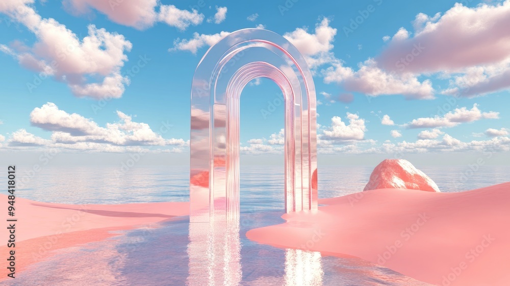 3D render featuring an abstract aesthetic backdrop of a surreal fantasy landscape with water a pink desert neon arches and a chrome gate beneath a blue sky with clouds Virtual reality scenery 3D render featuring an abstract aesthetic backdrop of a surreal fantasy landscape with water a pink desert neon arches and a chrome gate beneath a blue sky with clouds Virtual reality scenery