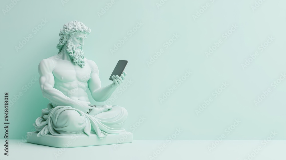 Classical deity in pastel greens, with modern gadgets, symbolizing the convergence of mythology and innovation Classical deity in pastel greens, with modern gadgets, symbolizing the convergence of mythology and innovation
