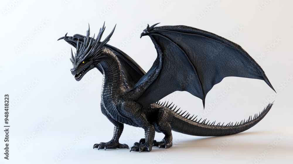 3D depiction of a dark mythical dragon set against a white backdrop 3D depiction of a dark mythical dragon set against a white backdrop
